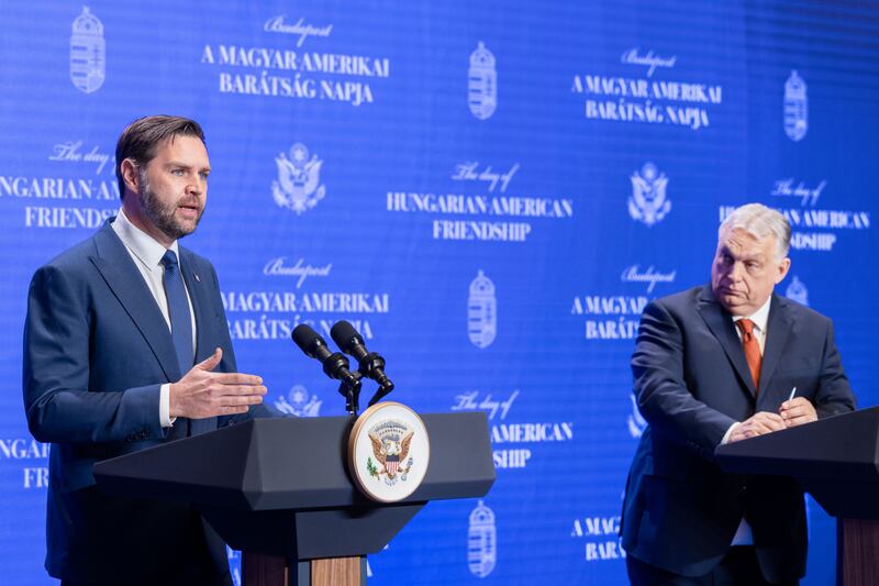 US vice-president JD Vance and Hungarian prime minister Viktor Orban speak to the media in Budapest. Photograph: Getty Images