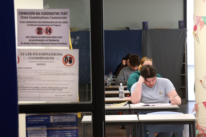 Leaving Cert students prepare to start their exams. Photograph: Dara Mac Dónaill