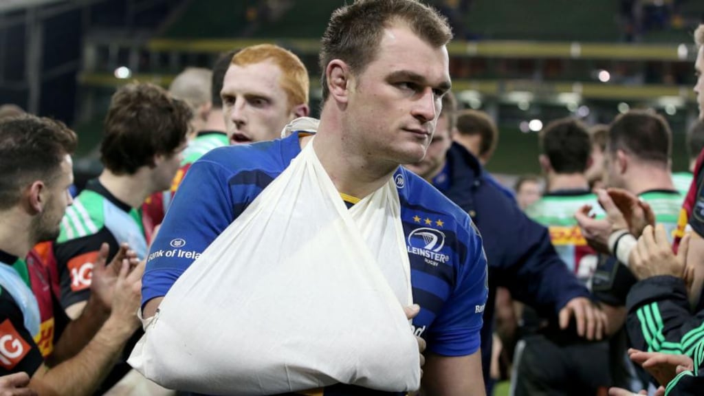 Leinster flanker Rhys Ruddock leaves the pitch with his right arm in a sling following the European Champions Cup win over Saracens. Photograph:  Dan Sheridan/Inpho
