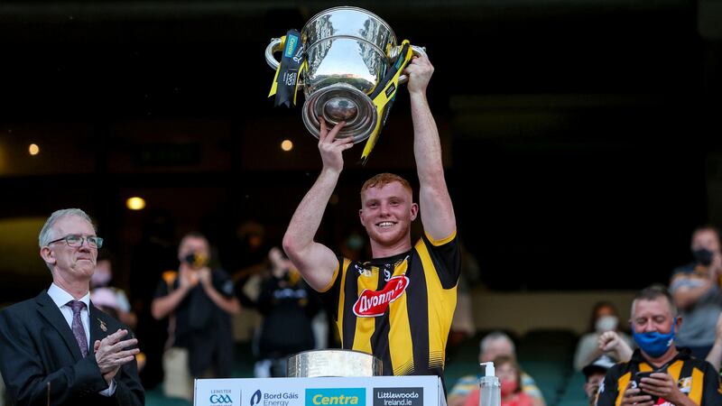 Kilkenny’s Adrian Mullen lifts the Bob O’Keeffe Cup after last year’s Leinster final. Photograph: Ryan Byrne/Inpho