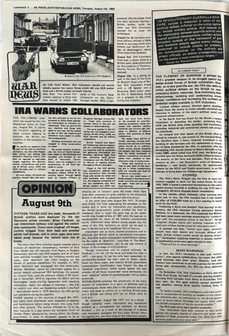 Page two of An Phoblacht, August 7th, 1986
