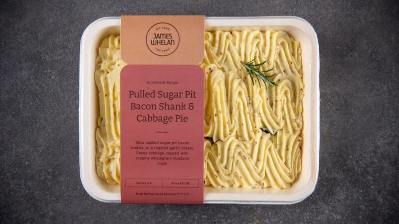 James Whelan’s pulled sugar pit bacon shank and cabbage pie, topped with mashed potato.