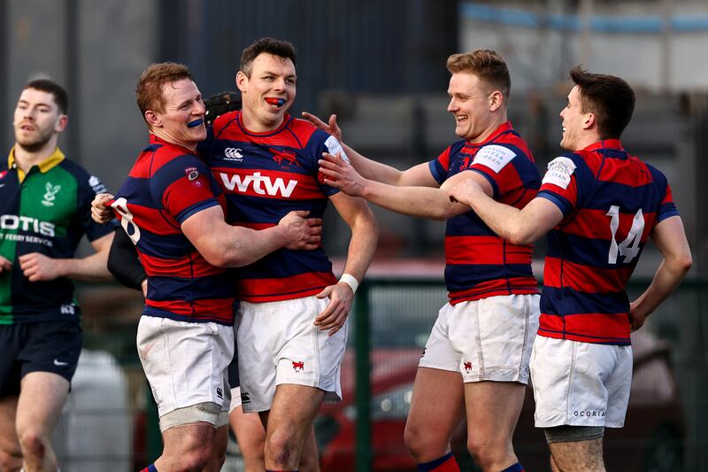 Clontarf's Matt D'Arcy celebrates after scoring his team's sixth try against Ballynahinch at Castle Avenue, Clontarf. Photograph: Ben Brady/Inpho