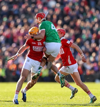 Limerick's Barry Nash in action against Cork's Declan Dalton during the NHL Division 1A final at the Gaelic Grounds. Photograph: Tom O’Hanlon/Inpho