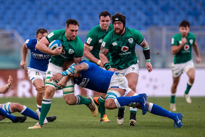 Ireland's Jack Conan is tackled at the 2021 Guinness Six Nations Championship match against Italy at the Stadio Olimpico, Rome. Photograph: ©INPHO/Tommy Dickson