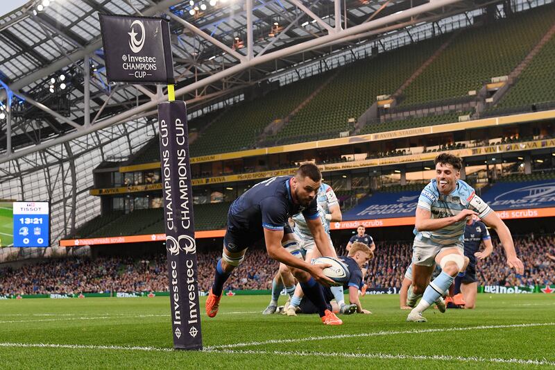 Max Deegan scores for Leinster against Glasgow. Photograph: Charles McQuillan/Getty Images