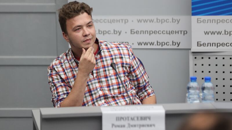 Opposition activist Roman Protasevich attends a press conference held by the Belarusian foreign ministry on Ryanair’s  Athens-Vilnius flight which was forced to land. Photograph: Ramil Nasibulin/EPA