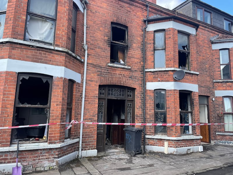 Damaged property at Clonavon Terrace, Ballymena, after a protest over an alleged sexual assault in the Co Antrim town. Photograph: Jonathan McCambridge/PA