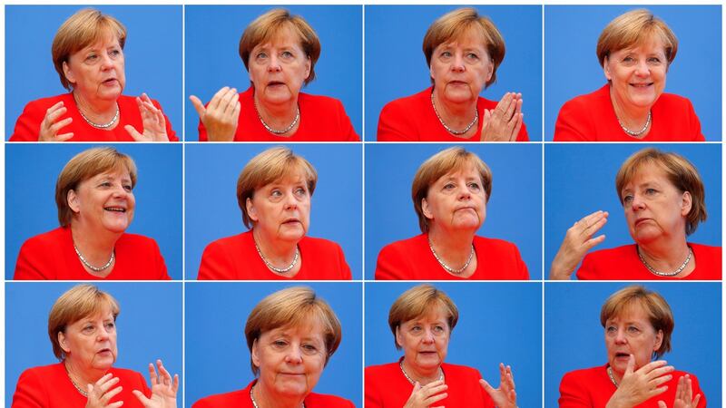 A combination of 12 pictures showing  Angela Merkel as she addresses a news conference in Berlin, Germany in August. Photograph: Fabrizio Bensch/Reuters