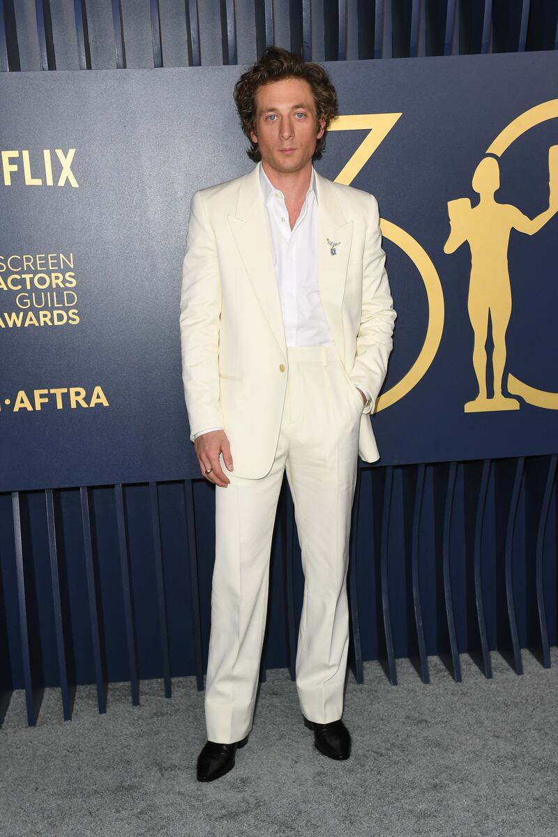 US actor Jeremy Allen White of The Bear eschews black tie for an all-white ensemble. Photograph: Valerie Macon/AFP/Getty