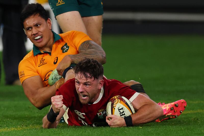 Hugo Keenan celebrates after touching down for the British and Irish Lions' series-winning try in last July's second Test against Australia at the Melbourne Cricket Ground. Photograph: Morgan Hancock/Getty Images
