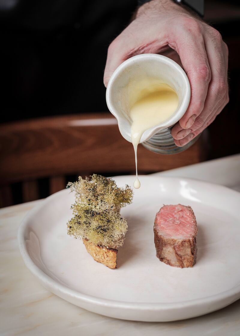 Conor Halpenny's Bò Chiarrai dairy cow, Riverside Farm celeriac, tart of cured heart and heritage pearl barley.
