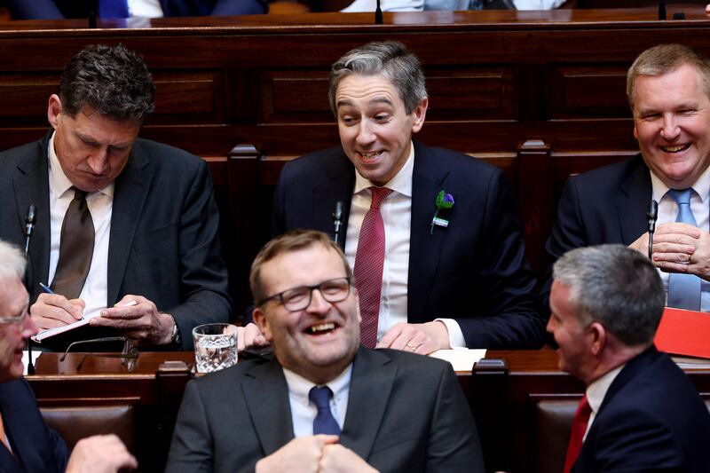 Simon Harris with Government colleagues in the Dáil Chamber ahead of being nominated as Taoiseach on Tuesday. Photograph: Maxwells
