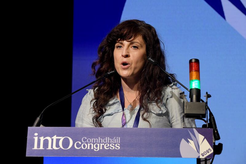 Alana Wilhelm speaking at the annual congress of the Irish National Teachers' Organisation in Galway. Photograph: Moya Nolan