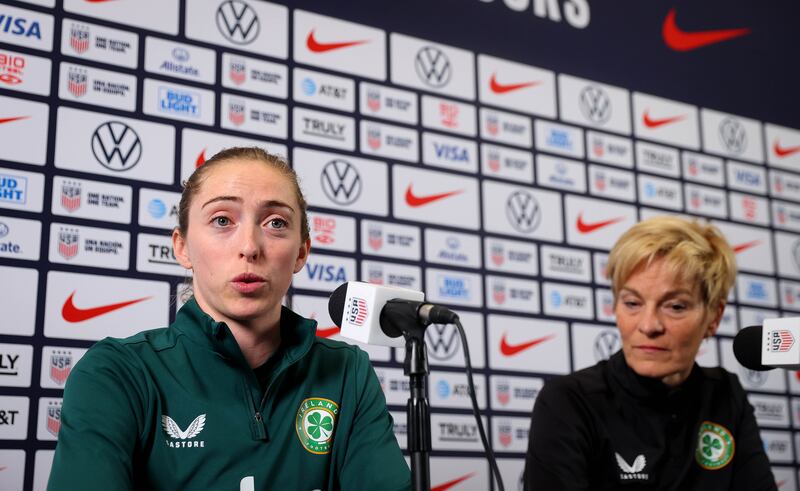 Megan Connolly and manager Vera Pauw speak to the press on Monday. Photograph: Ryan Byrne/Inpho