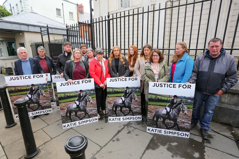 Family and friends of Katie Simpson outside Derry Courthouse following the sentencing of Rose de Montgomery-Wright, Jill Robinson and Hayley Robb for helping Jonathan Creswell cover his tracks and deflect blame in her murder. Photograph: Lorcan Doherty/Presseye
