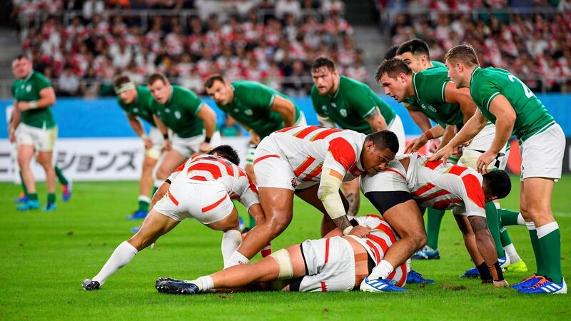 The Irish defence line against Japan during the 2019 Rugby World Cup at the Shizuoka Stadium Ecopa. Photograph:  William West/AFP/Getty Images
