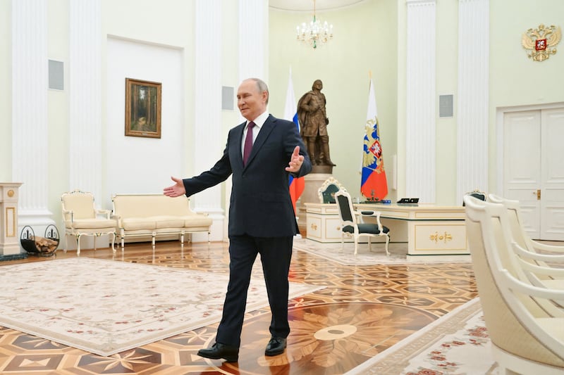 Vladimir Putin greets US special envoy Steve Witkoff prior to their talks at the Kremlin on Friday. Photograph: Kristina Kormilitsyna/AFP via Getty Images        