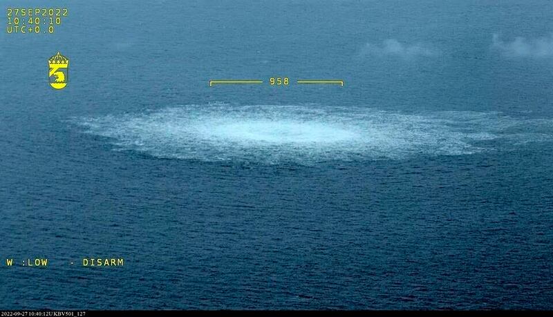 The gas leak in the Baltic Sea from the Nord Stream pipeline. Photograph: Swedish Coast Guard via AP