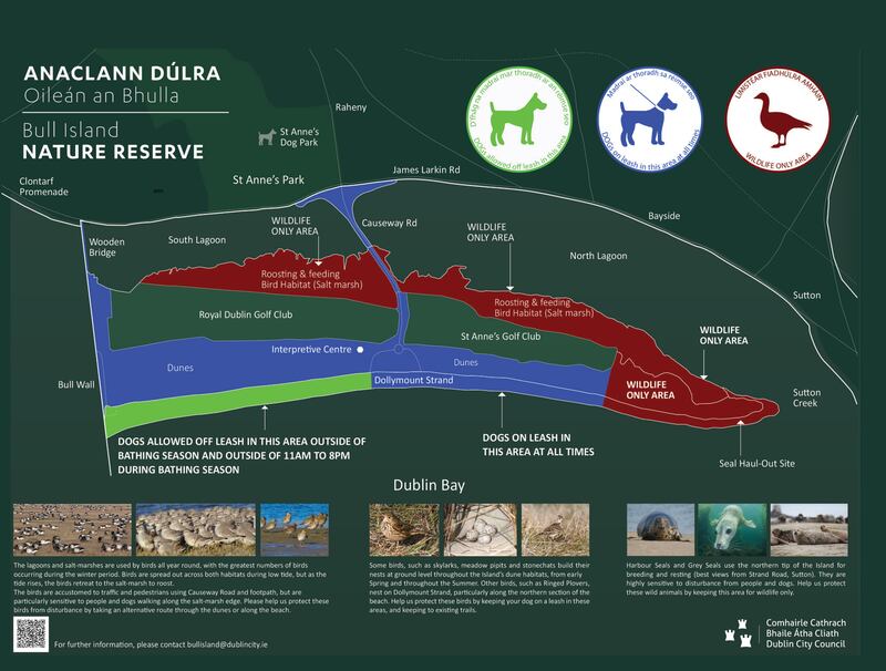 Sign shows which parts of Bull Island are open to public and what activities are allowed there