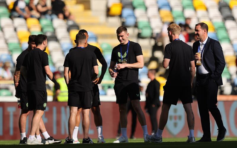 Interim manager John O’Shea with the Ireland squad ahead of kick-off. Photograph: Ryan Byrne/Inpho
