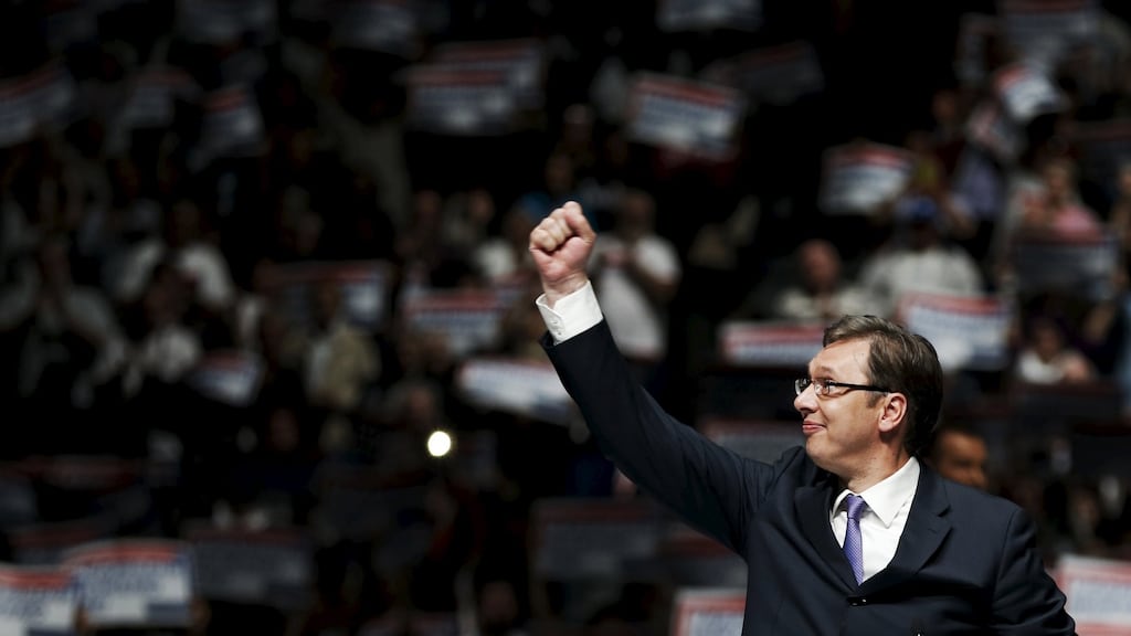 Serbian prime minister Aleksandar Vucic at a rally ahead of Sunday’s election: he has morphed from an ultra-nationalist into a pro-EU conservative, while retaining enough “patriotic” appeal to keep votes away from the far right. Photograph: Marko Djurica/Reuters