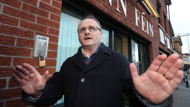 Then West Tyrone MP Barry McElduff leaving Sinn Féin headquarters on the Falls Road in Belfast after his suspension from all party activity for three months after he posted a video of himself with a loaf of Kingsmill bread on his head on the anniversary of the Kingsmill massacre. File photograph: Niall Carson/PA Wire