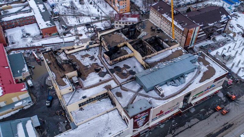 An aerial view taken with a drone shows the Winter Cherry shopping mall  after it was gutted by a fire in the industrial city of Kemerovo in western Siberia.  Photograph: Dmitry Serebryakov/AFP/Getty Images