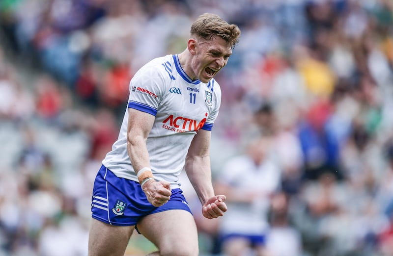 Monaghan's Mícheál Bannigan celebrates after scoring a goal against Donegal. Photograph: Tom Maher/Inpho