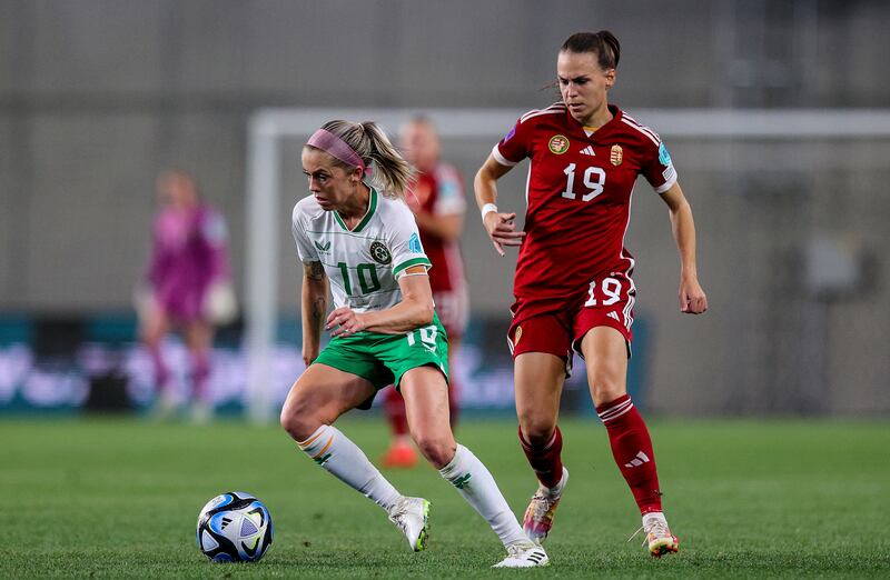 Player of the match Denise O’Sullivan with Dóra Zeller of Hungary. Photograph: Ryan Byrne/Inpho