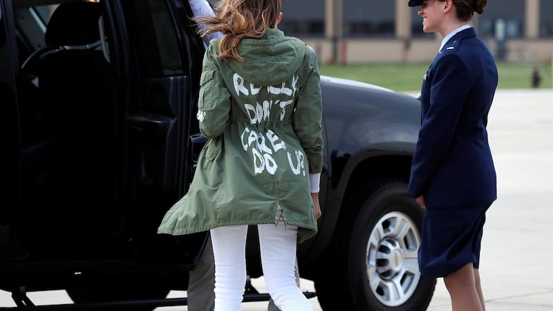US first lady Melania Trump walks from her plane to her motorcade wearing a Zara design jacket with the phrase “I Really Don’t Care. Do U?” on the back as she returns to Washington from a visit to the US-Mexico border area in Texas. Photograph:  Kevin Lamarque/Reuters