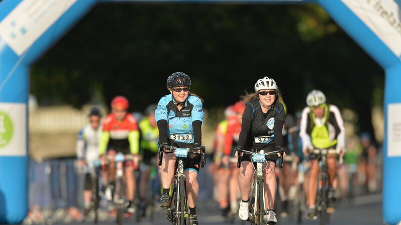 Cyclists past the start line in Dublin for the   Great Dublin Bike Ride. Photograph: Sportsfile