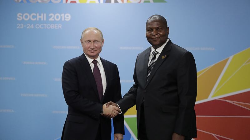 Russia’s president Vladimir Putin greets his  Central African Republican counterpart Faustin-Archange Touadéra at the  2019 Russia-Africa Summit in Sochi. Photograph:  Mikhail Metzel/Tass via Getty Images