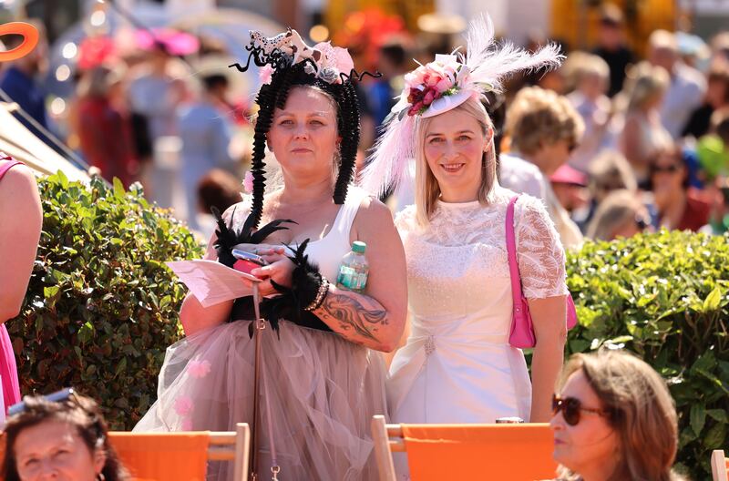Karolina Di Duca (left) and Joanna Figasinska, both from Swords take part in the Best Dressed competition. Photograph: Dara Mac Dónaill/The Irish Times
