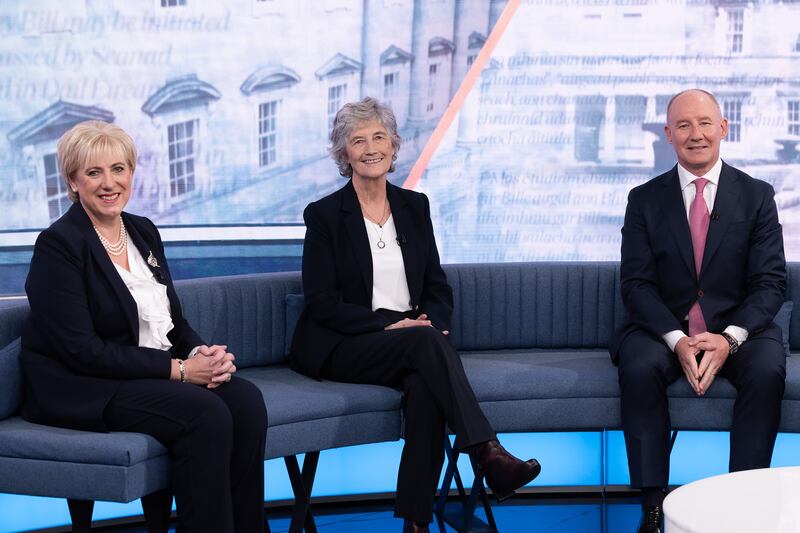 Heather Humphreys (left), Catherine Connolly, and Jim Gavin attended a presidential election debate on The Week in Politics at RTÉ studios in Dublin on Sunday. Photograph: Conor O'Mearain/PA Wire

