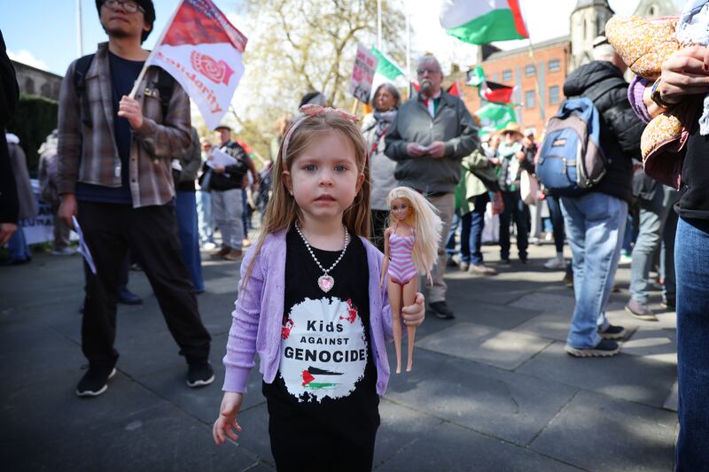 Sadhbh Reynolds (3), from Dublin was at Saturday's ‘No to War and Genocide’ demonstration in the city. Photograph: Bryan O’Brien