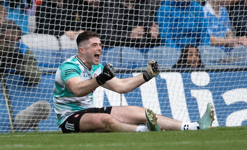 Derry goalkeeper Odhrán Lynch celebrates after saving the final penalty during the shoot-out against Dublin in the Allianz Football League Division One Final at Croke Park. Photograph: Leah Scholes/Inpho