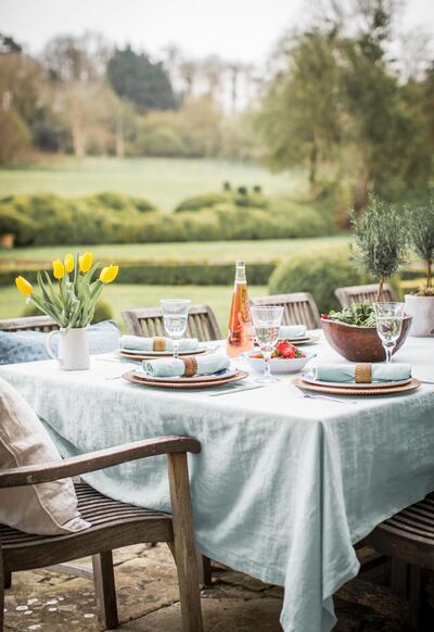 Hem-stitched tablecloth and napkins from The  Linen Works