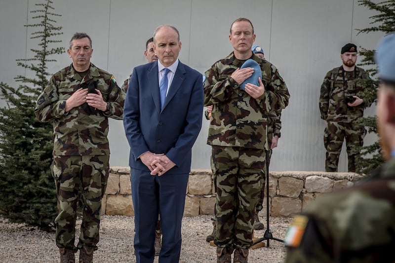 Taoiseach Micheál Martin in Camp Shamrock in Lebanon. Photograph: Sally Hayden