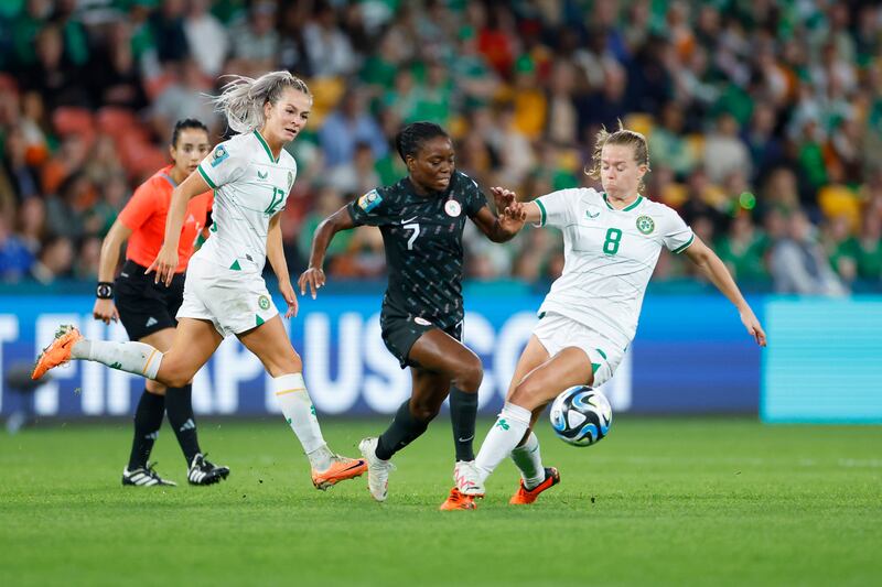 Ireland's Ruesha Littlejohn and Nigeria's Toni Payne battle for the ball at the World Cup. Photograph: PA Wire