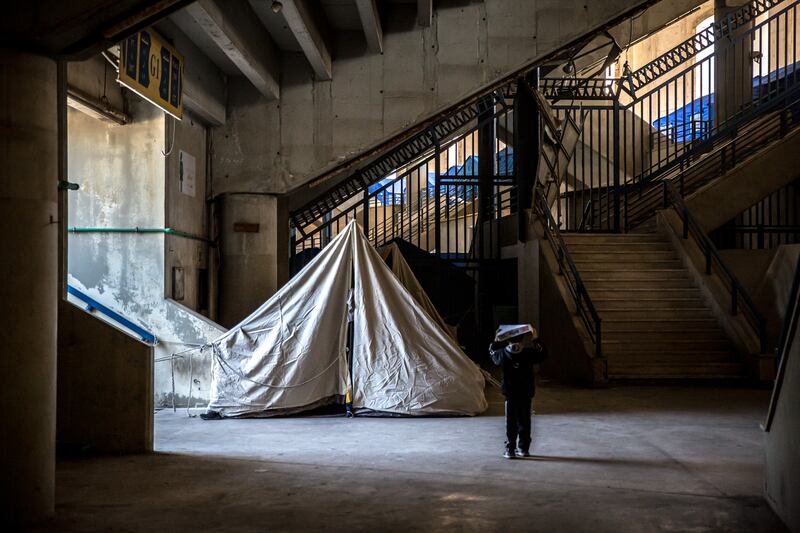 A tent in the Camille Chamoun Sports City Stadium, Beirut. Photograph: Sally Hayden