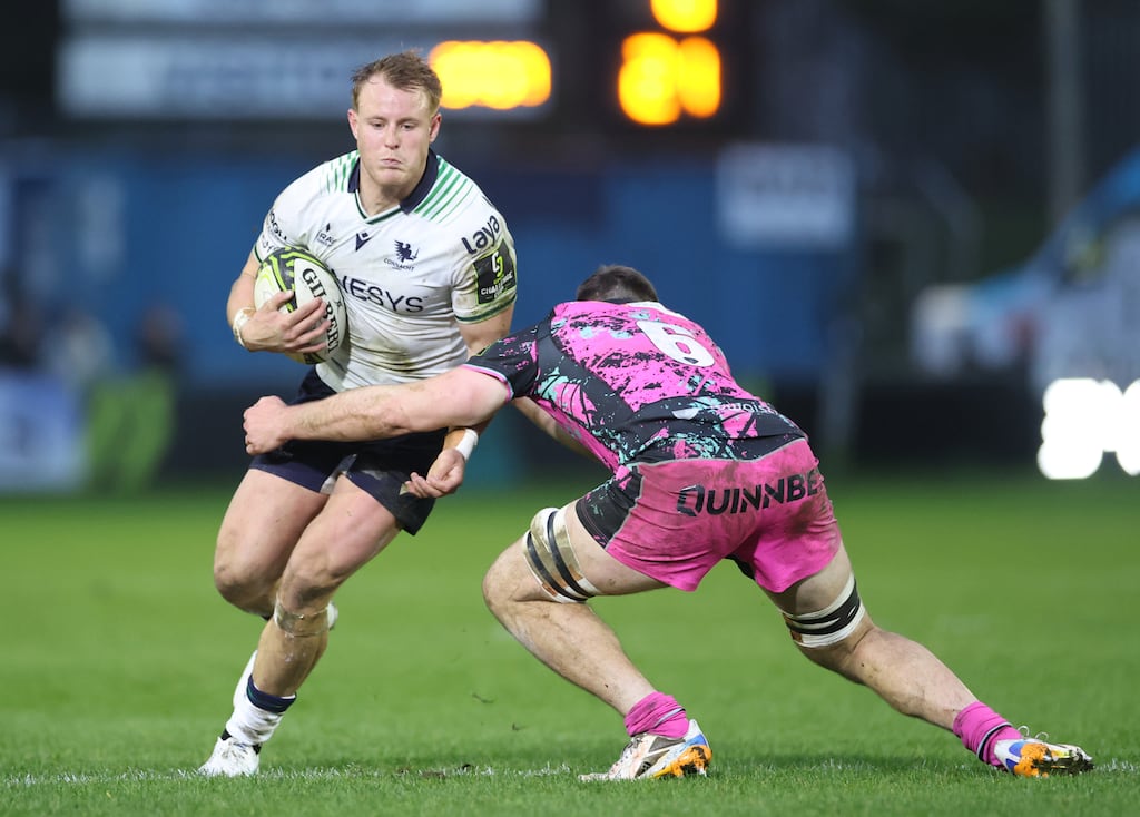 Connacht's Sam Gilbert and James Ratti of the Ospreys. Photograph: James Crombie/Inpho