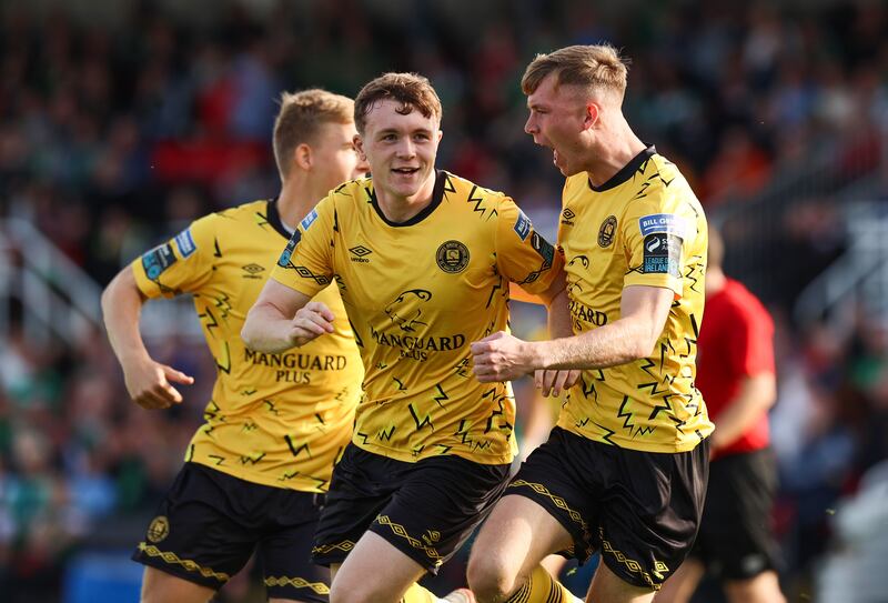 Conor Carty celebrates after scoring St Patrick's Athletic's second goal during the FAI Cup semi-final against Cork City at Turners Cross. Photograph: Tom Maher/Inpho
