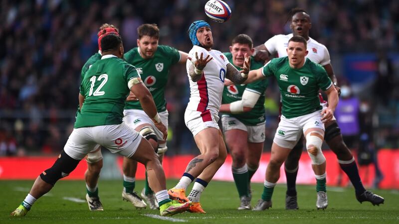 England’s  Jack Nowell catches the ball during the Guinness Six Nations  match against Ireland at Twickenham. Photograph: Laurence Griffiths/Getty Images