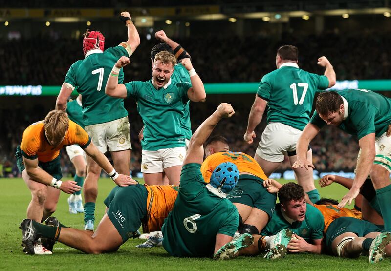 Players of Ireland celebrate after Gus McCarthy of Ireland scores his team's third try. Photograph: David Rogers/Getty