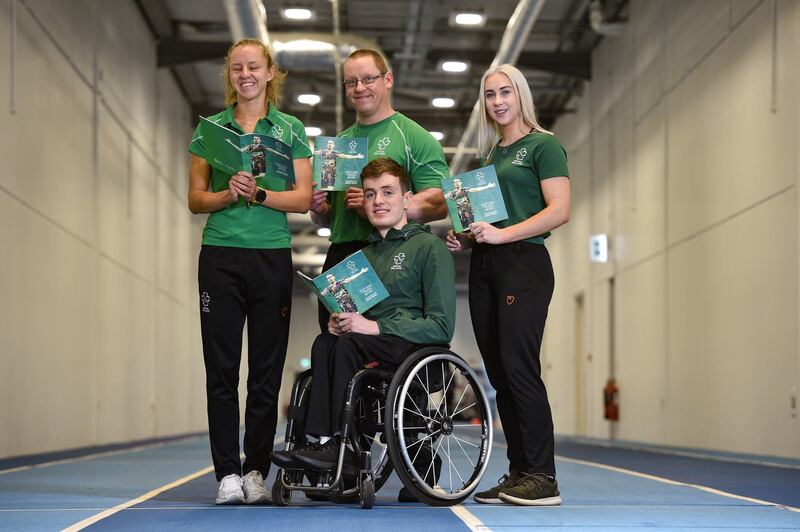 Paralympian athletes; swimmer Patrick Flanagan, middle-distance runner Greta Streimkyte, para-canoeist Pat O’Leary and sprinter Orla Comerford  at the Sport Ireland Institute in Abbotstown, Co Dublin for the launch of the strategy. Photograph: Matt Browne/Sportsfile