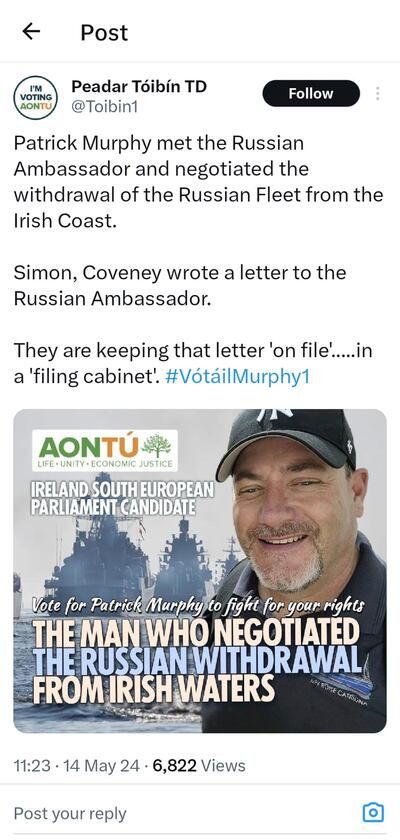 Screengrab from Peadar Toibin’s X account of poster of Aontú  Ireland South Euro candidate from West Cork, Patrick Murphy, who is running  as “the man who negotiated the Russian withdrawal from Irish waters”.
