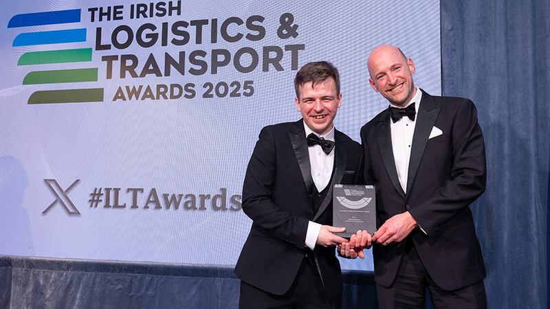 Adam McMahon, permanent logistics recruitment consultant at ISM Recruitment, presents the customer focus achievement award to Rory Fitzgerald, Dublin Express.