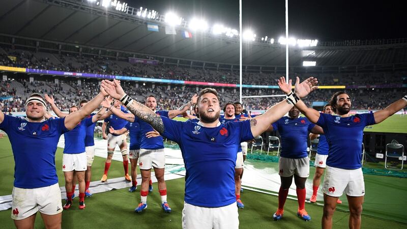France’s players celebrate after winning the  match against  Argentina. Photograph: Franck Fife/Getty Images