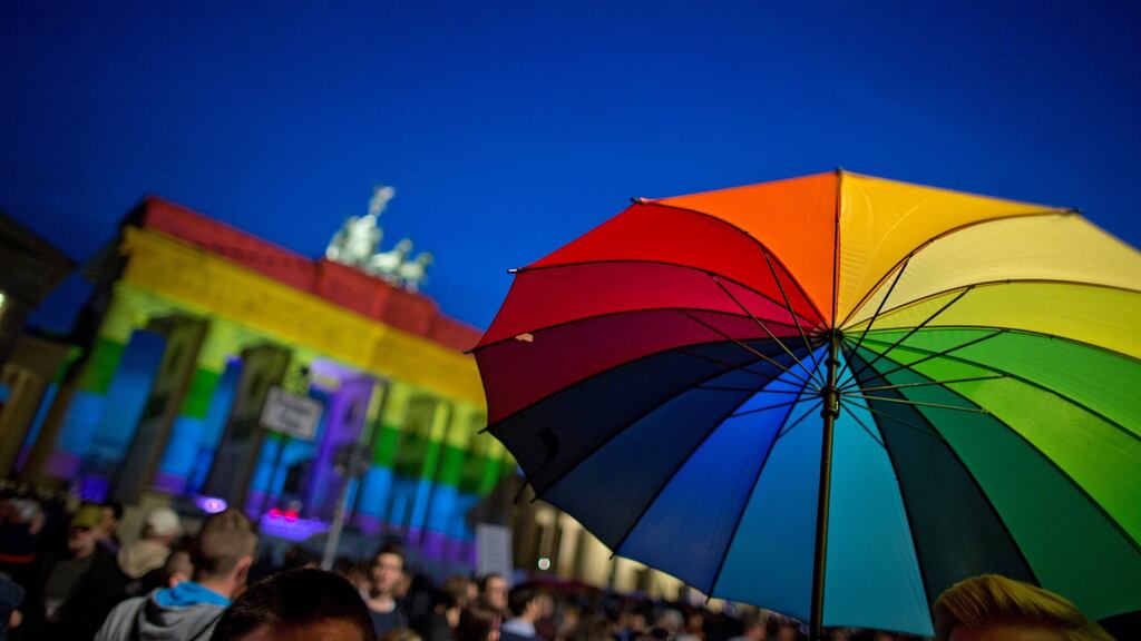 The Brandenburg Gate is illuminated in LGBT rainbow colours in June 2016. The Nazi-era law against homosexuality was overturned in 2002. Photograph: Joerg Carstensen